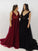 Burgundy V Neck Tulle A-line Beaded Long Prom Dresses