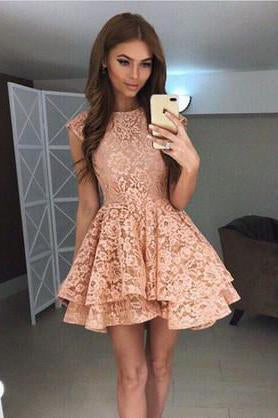 A Line Above Knee Straps Lace Homecoming Dresses with Scoop Short Prom Dresses SSM838