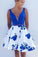 A Line Blue Floral Print V Neck Satin Short Prom Dresses with Pockets Homecoming Dress H1158