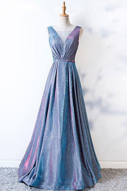 A Line Blue Lace up Ruffles Prom Dresses V Neck Satin Long Cheap Evening Dresses SSM675