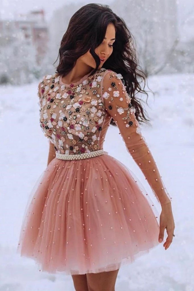 A Line Blush Pink Long Sleeve Homecoming Dresses 3D Flowers Beaded Short Prom Dresses H1140