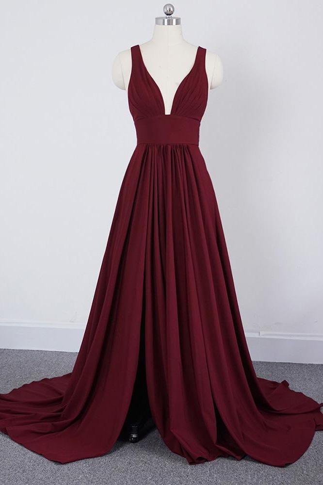 A Line Burgundy V Neck Ruffles Slit Bridesmaid Dresses Long Cheap Prom Dresses SSM585
