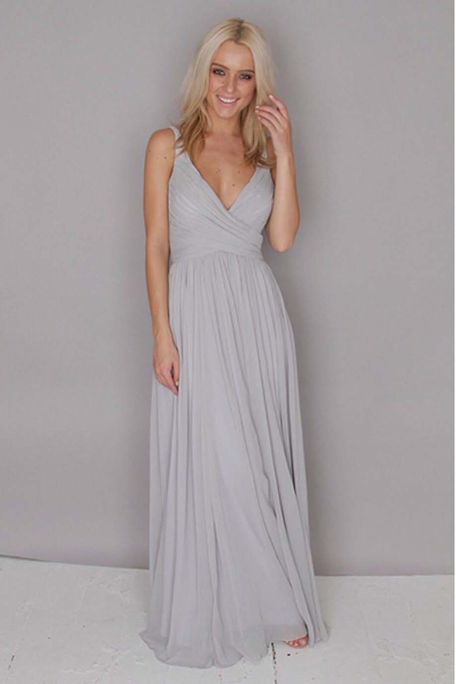 A Line Chiffon Grey Floor Length V Neck Ruffles Bridesmaid Dress Long Prom Dresses SSM397
