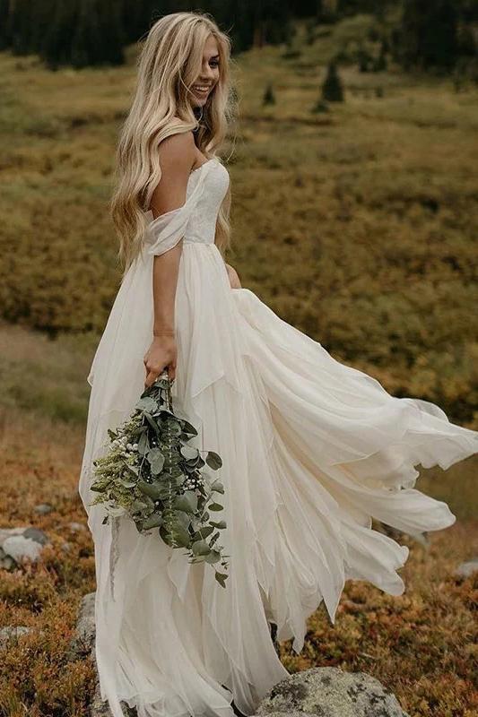 A Line Chiffon Ivory Off the Shoulder Sweetheart Beach Wedding Dresses SSM581