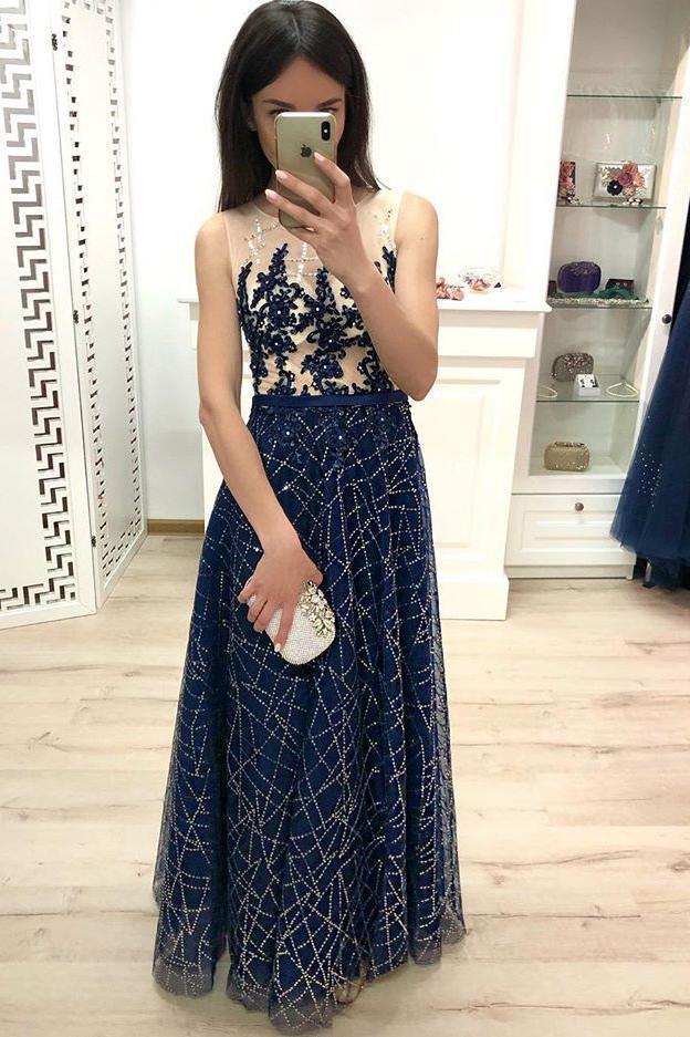 A Line Dark Blue Long Prom Dresses Sequins Sleeveless Evening Party Dresses SSM905