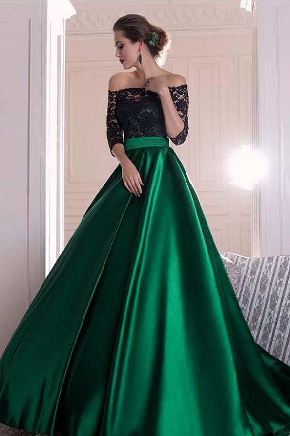 A Line Dark Green Satin Off the Shoulder 3/4 Sleeves Ruffles Lace Prom Dresses SSM399