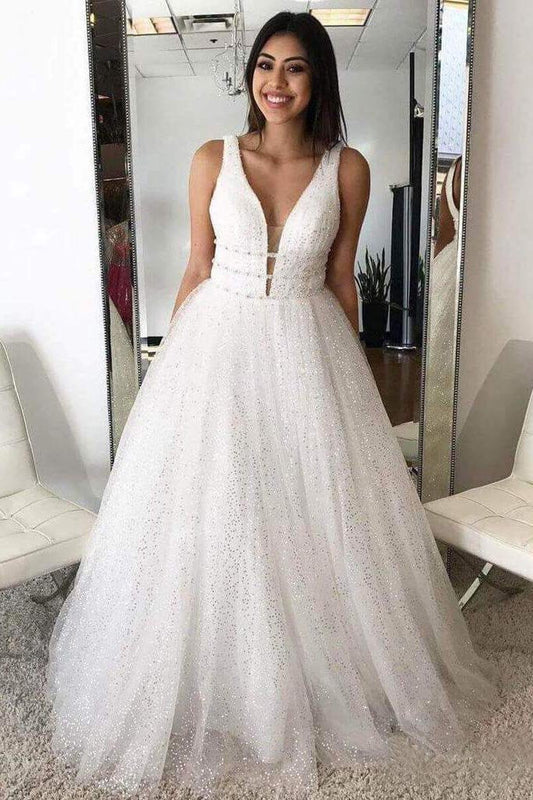 A Line Deep V Neck Ball Gown Prom Dresses Open Back White Evening Dresses SSM536