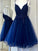 A Line Dual-Strapped Royal Blue V Neck Short Prom Dress with Beads Appliques SSM858