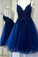 A Line Dual-Strapped Royal Blue V Neck Short Prom Dress with Beads Appliques SSM858