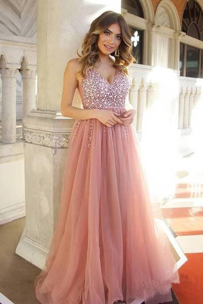 A Line Dusty Rose Long Tulle Prom Dresses Sequins Shiny Bodice V Neck Formal Dress uk SSM425