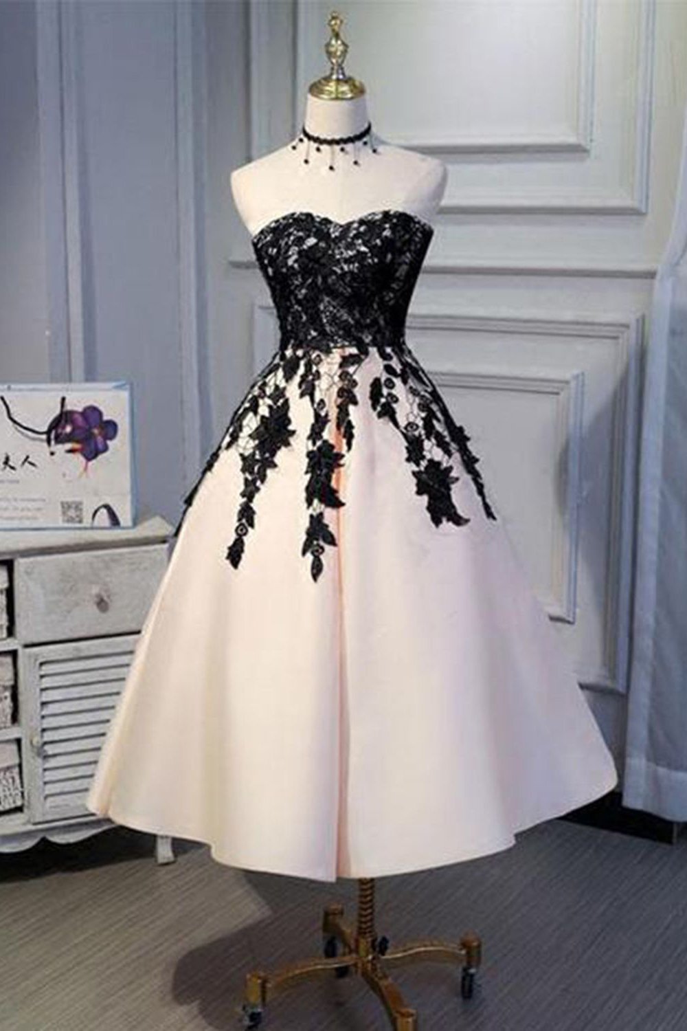 A line Ankle Length Satin Homecoming Dress with Lace Straps Short Prom Dresses SSM843