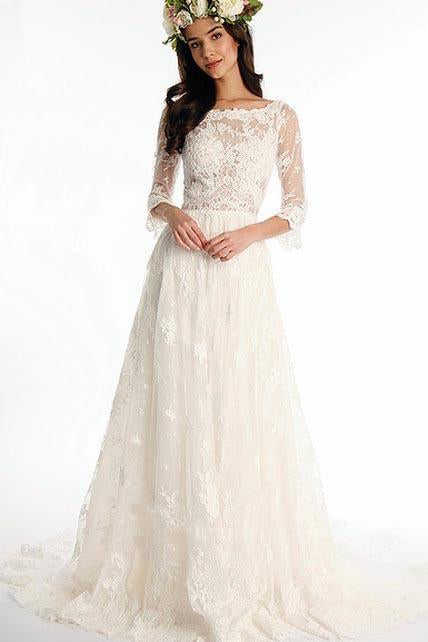 A line Bateau Half Sleeve Lace Wedding Dress With Sweep Train V Back Bridal Dress SSM513