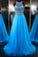 A line Blue Tulle Halter Beads Open Back Prom Dresses Long Evening Dresses SSM579
