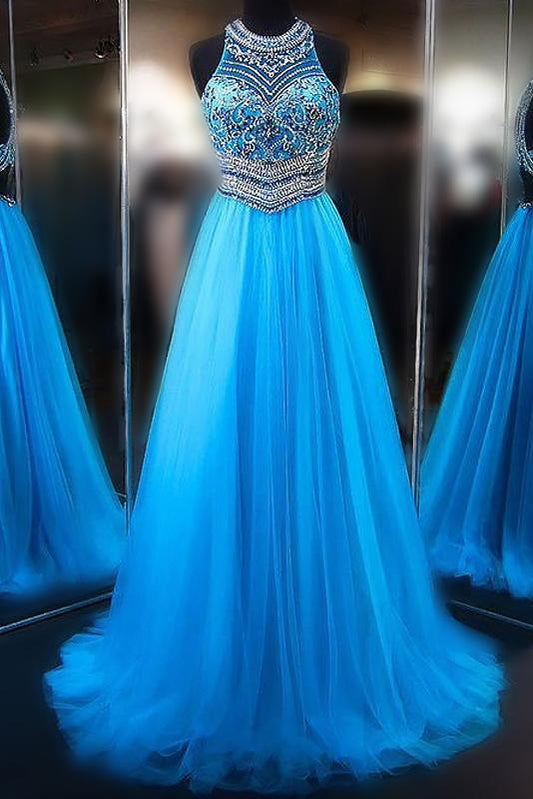 A line Blue Tulle Halter Beads Open Back Prom Dresses Long Evening Dresses SSM579