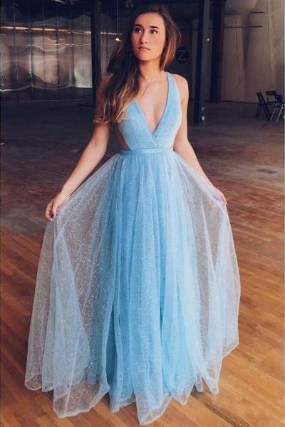 A line Blue Tulle Straps Prom Dresses Floor Length Long Cheap Evening Dresses SSM680
