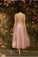 A line Dusty Pink Short Sleeve Bridesmaid Dresses Lace Tulle Prom Dresses SSM807