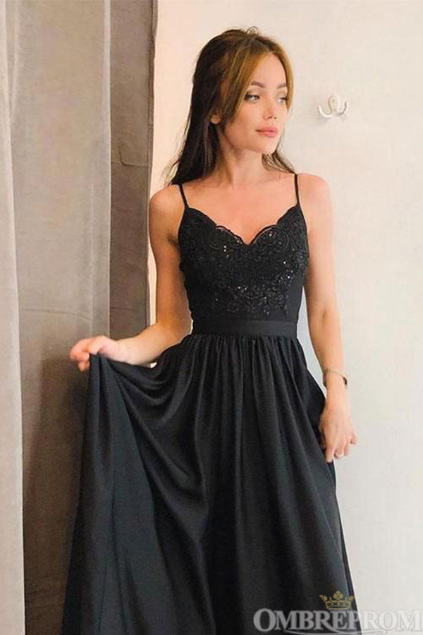 Black Prom Dresses V Neck Spaghetti Straps Lace Evening Dresses