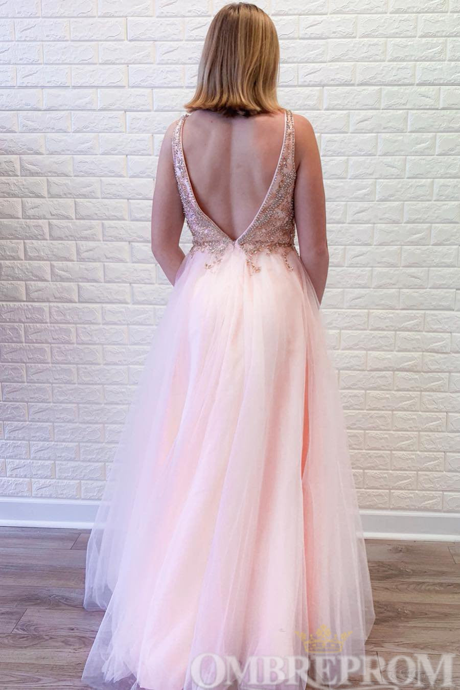 Charming Pink V Neck Prom Dresses with Beading Evening Dresses