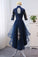 High Neck High Low Dark Navy Half Sleeve Tulle Homecoming Dresses with Appliques H1036