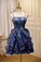 Navy Blue Spaghetti Straps Beading Tulle Short Homecoming Dresses