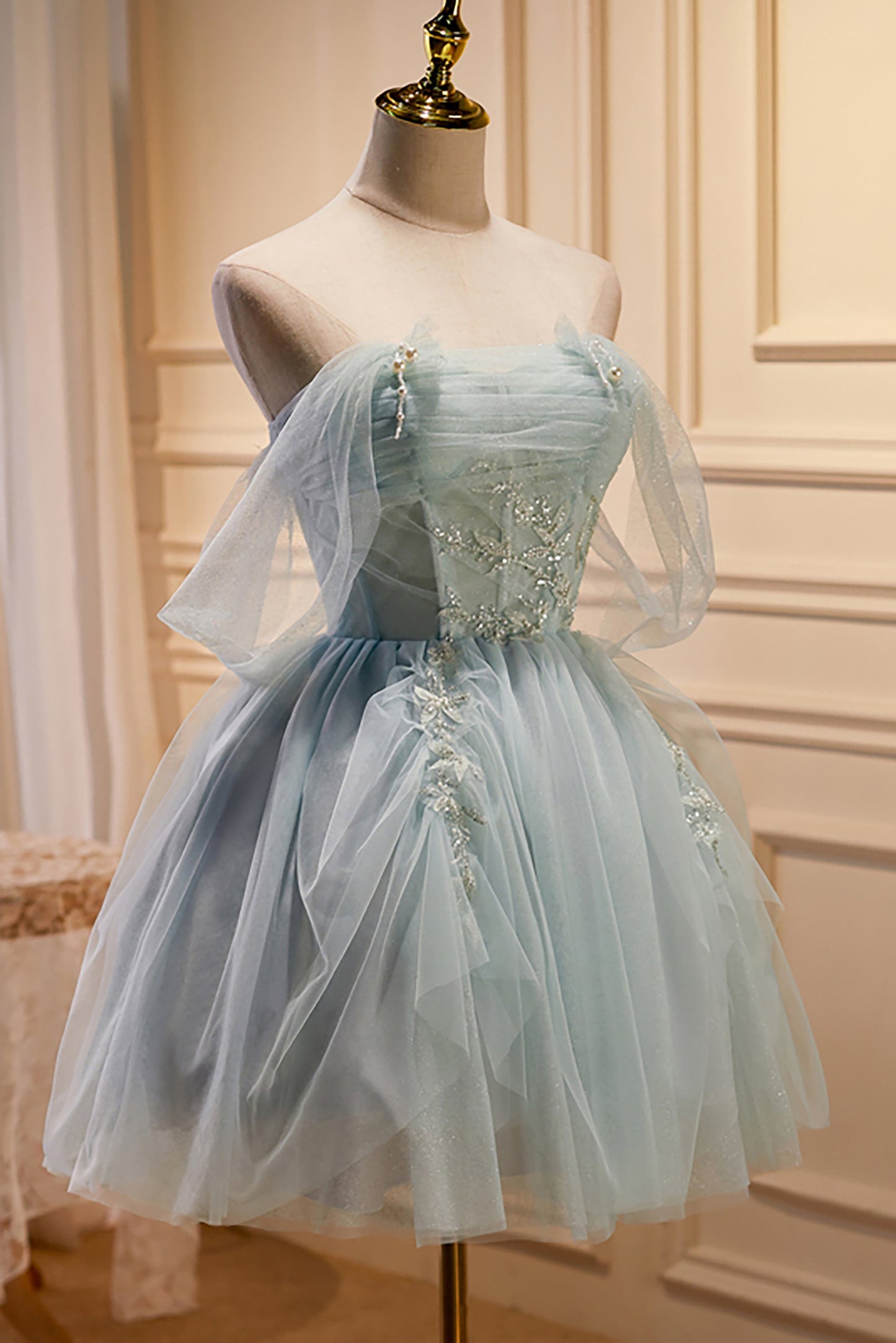 Charming Blue Off The Shoulder A Line Tulle Short Homecoming Dresses