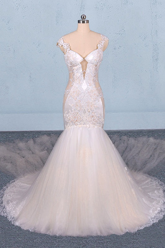 Mermaid Long Lace Tulle Wedidng Dresses Elegant Bridal Dresses