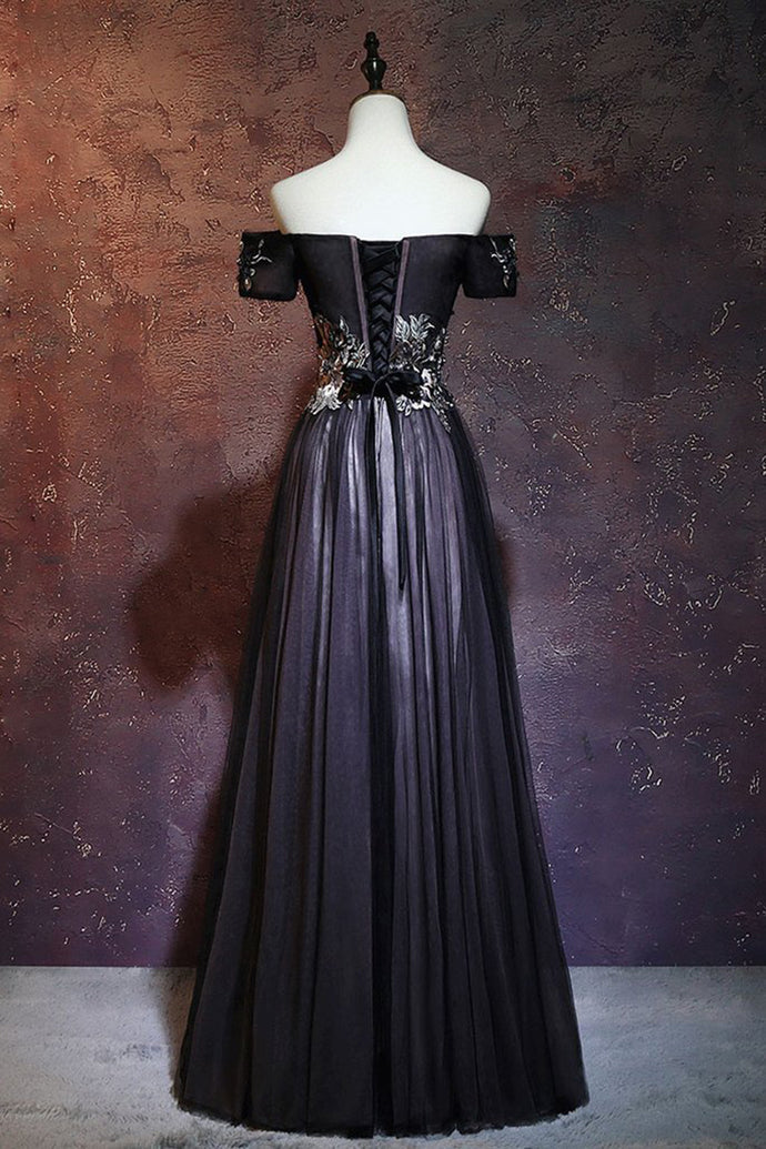 Beauty Off The Shoulder Floor Length Lace Up Long Black Prom Dresses With Appliques