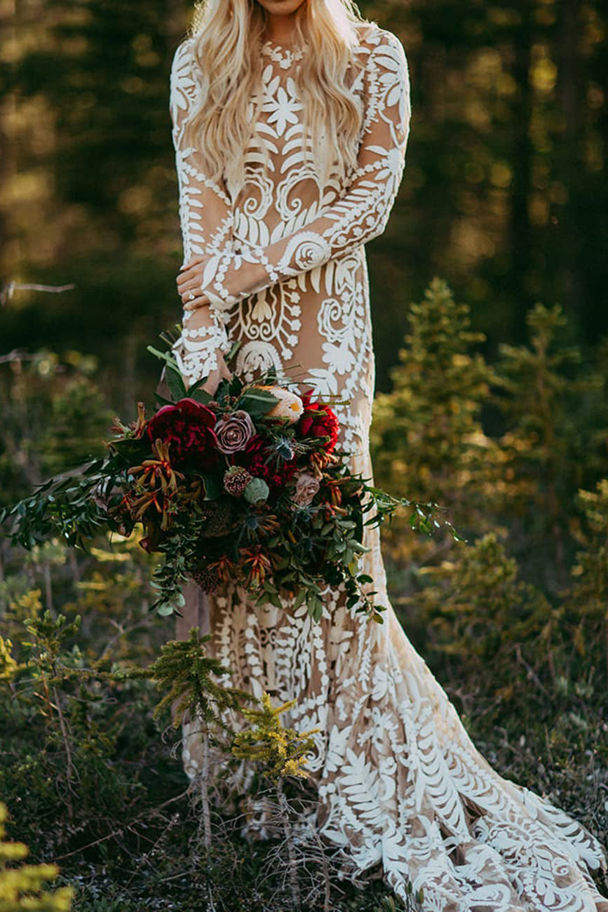 Unique Long Sleeves V Back Boho Beach Rustic Lace Wedding Dresses