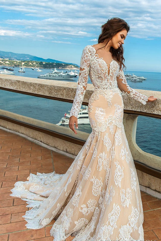 2022 White Lace Mermaid Deep V-Neck Backless Long Sleeve Wedding Dresses JS835