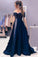 Dark Navy A-Line Rhinstone Off the Shoulder Long Prom Dresses Evening Party Gowns