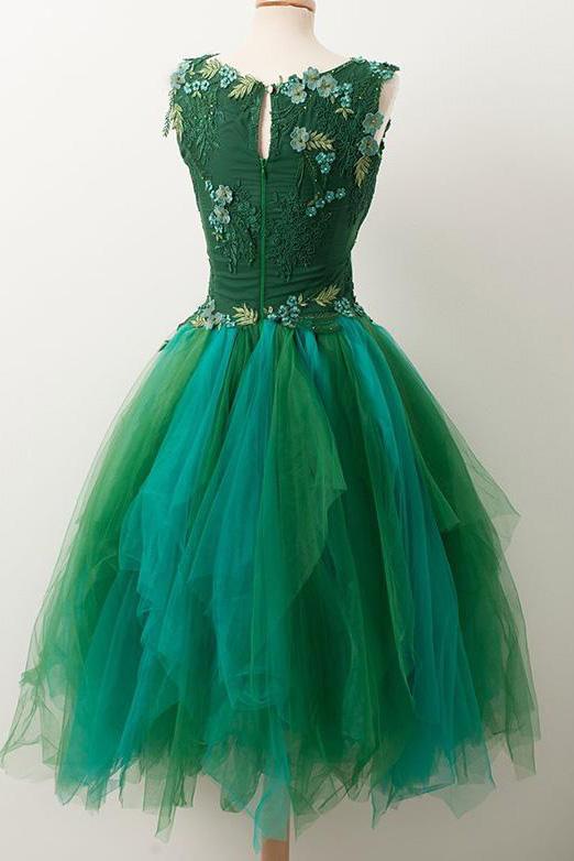 Simple A Line V Neck Short Green Tulle Homecoming Dress With Appliques Beading H1000