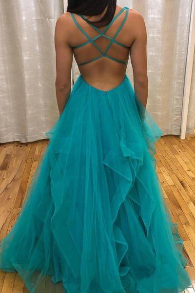 Simple A Line V Neck Tulle Green Criss Cross Prom Dresses Long Evening Dresses P1001