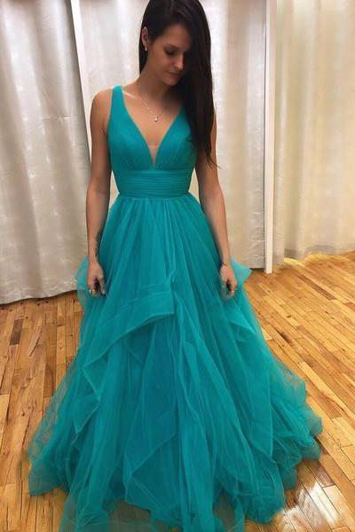 Simple A Line V Neck Tulle Green Criss Cross Prom Dresses Long Evening Dresses P1001