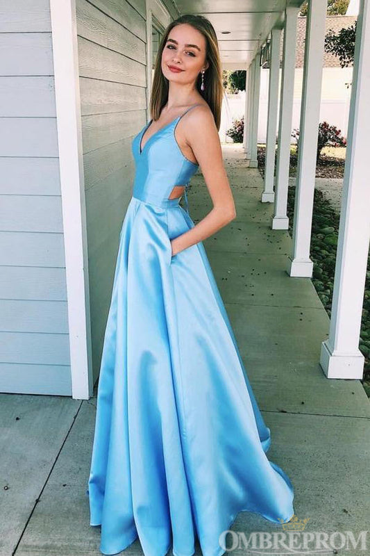 Simple Blue Prom Dresses Spaghetti Straps Satin Long Evening Dresses