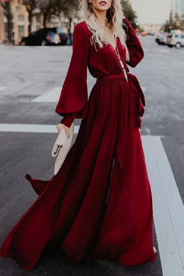 Simple A-line Burgundy Long Sleeve Long Prom Dresses