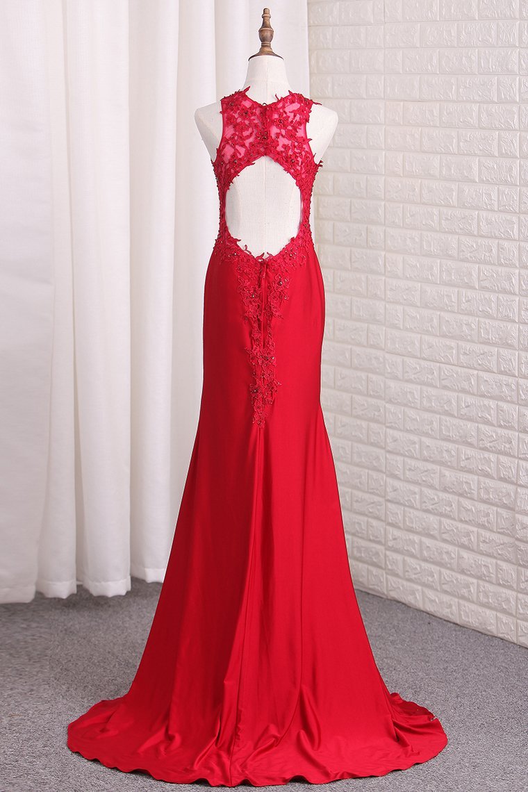 Open Back Straps Mermaid Prom Dresses Spandex With Applique