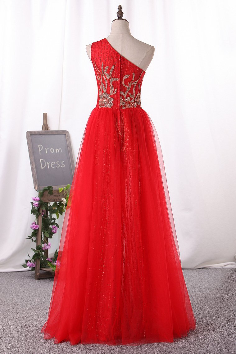 One Shoulder Tulle & Sequin With Slit Prom Dresses