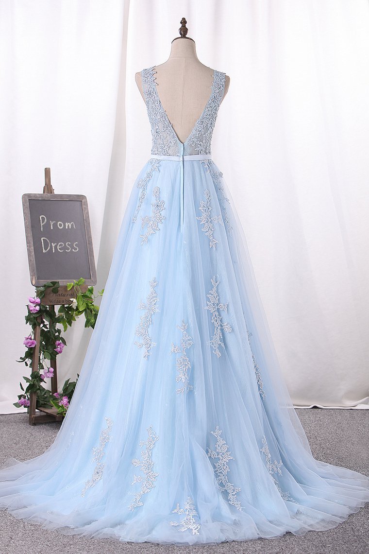 Scoop A Line Prom Dresses Tulle With Applique Sweep Train