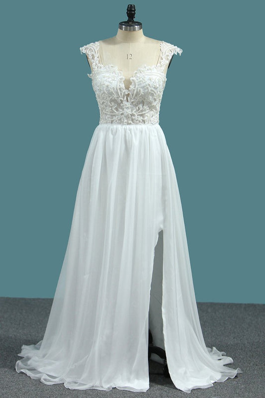 Chiffon A Line Straps Wedding Dresses With Applique And Beads