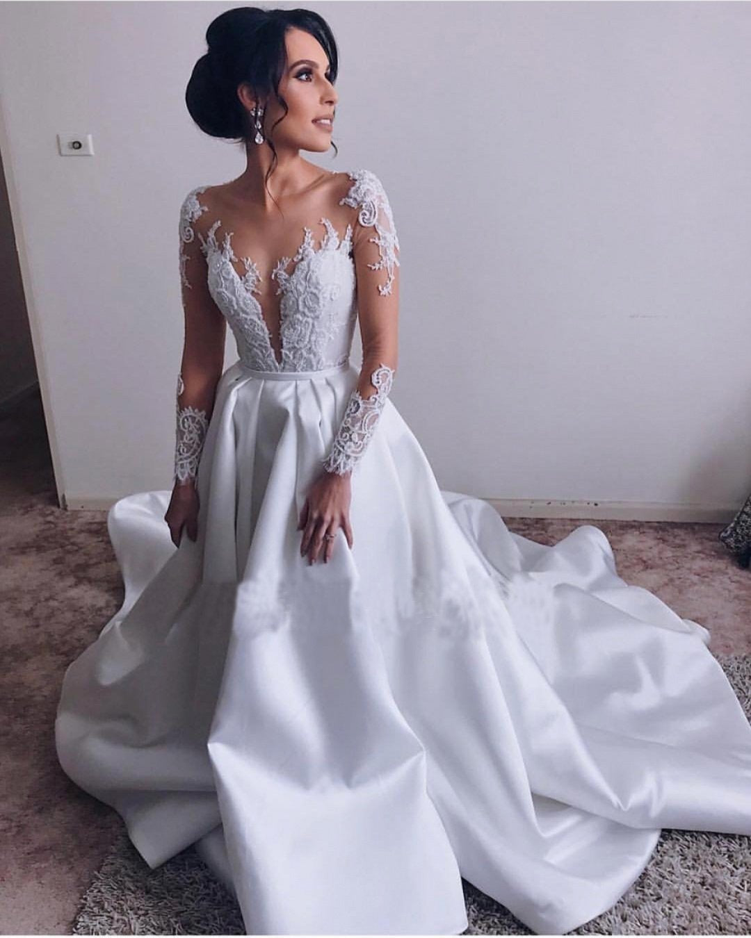 A Lin Ivory Long Sleeve Satin Lace Sweep Train Wedding Dresses Long Bridal Dresses SSM410