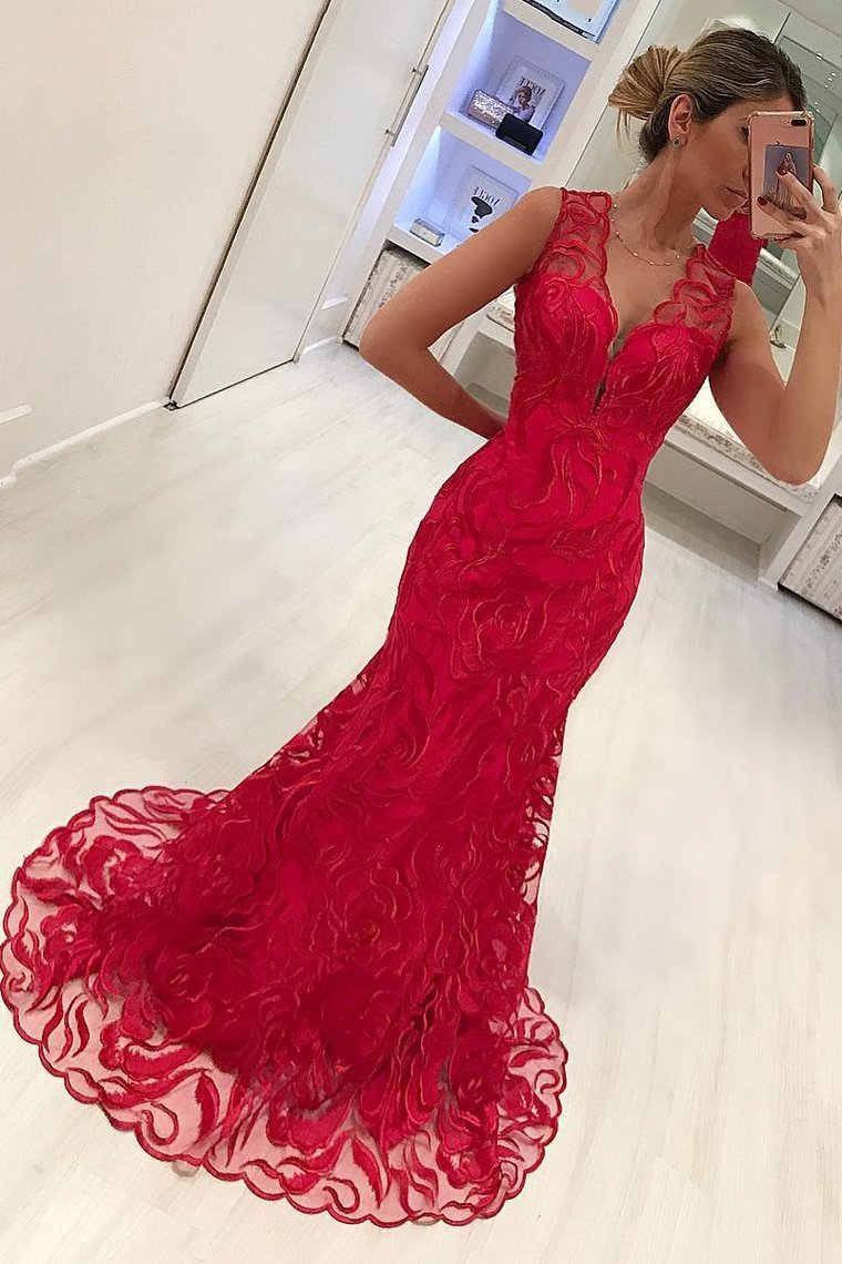 New Arrival V Neck Lace Mermaid Prom Dresses Sweep Train