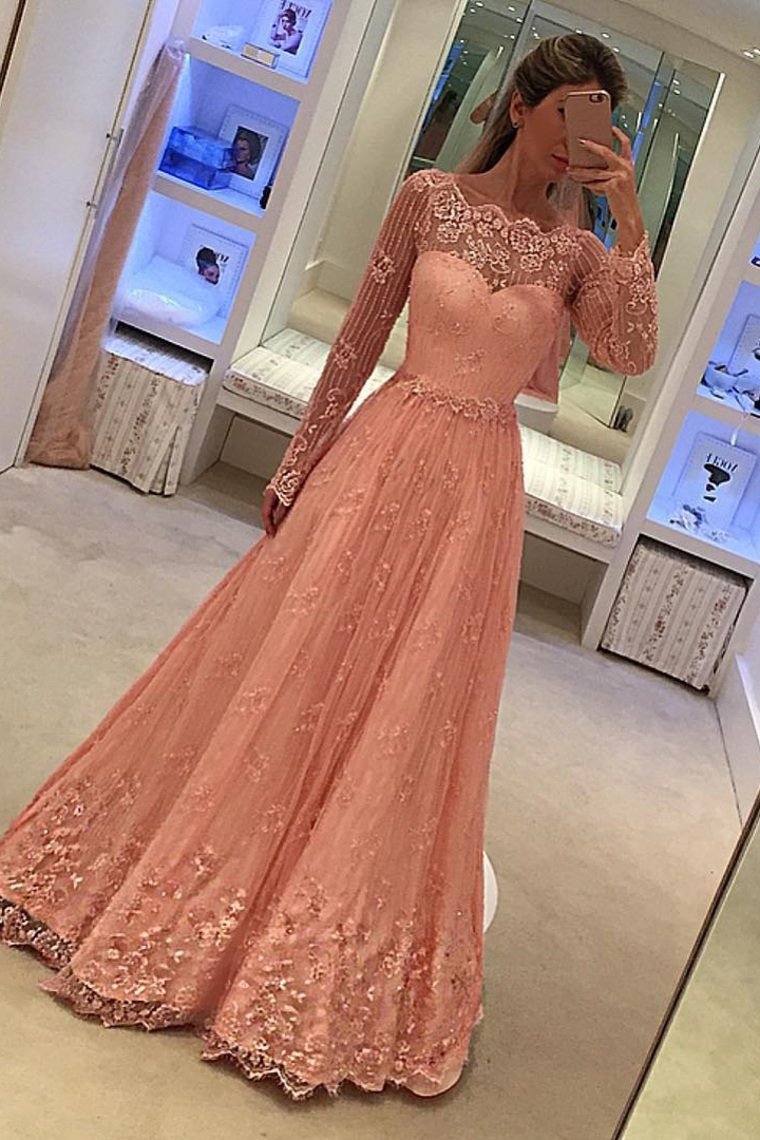 2021 Prom Dresses Long Sleeves A Line Lace With Applique Floor Length
