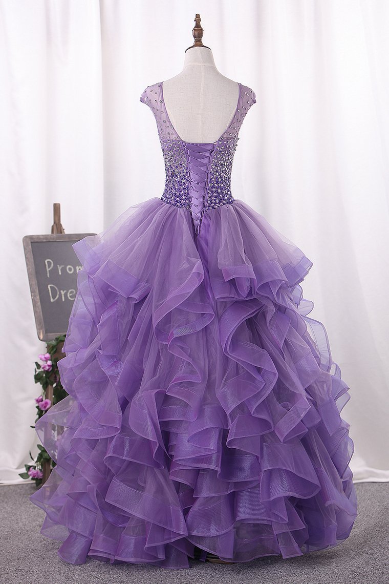 2021 Ball Gown Scoop Beaded Bodice Tulle Quinceanera Dresses Floor Length