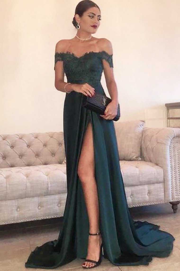 2021 A Line Off The Shoulder Prom Dresses Stretch Satin With Applique And Slit