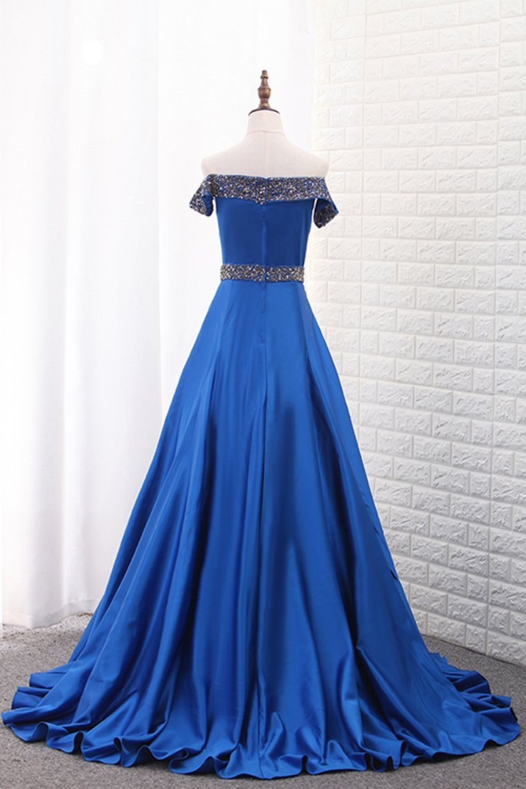 Boat Neck Satin A Line With Beads Sweep Train Prom Dresses