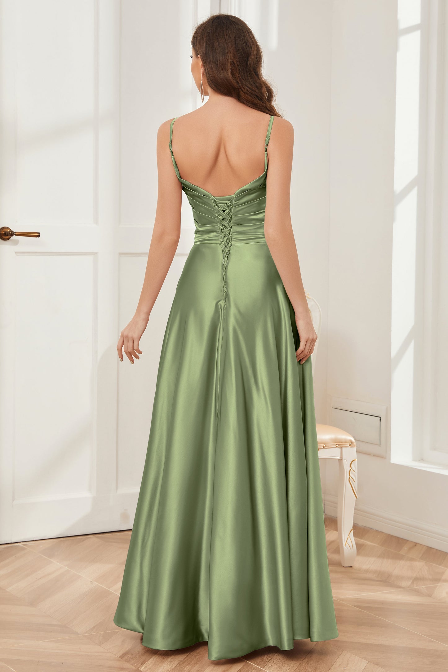 A-line V-neck Soft Satin Long Bridesmaid Dress with Pockets