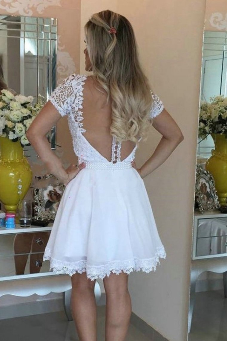 Chiffon V Neck Short Sleeves With Applique A Line Homecoming Dresses