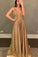 Gold Deep V-Neck Glitter Evening Party Dresses A Line Long Prom Dresses