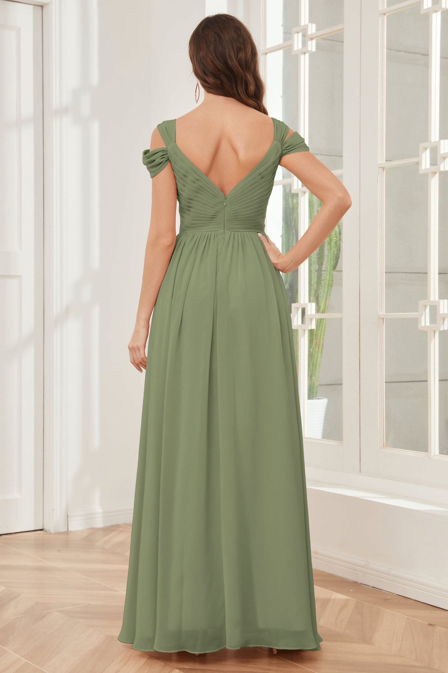 Off-the-Shoulder side Slit Empire Bridesmaid Dresses
