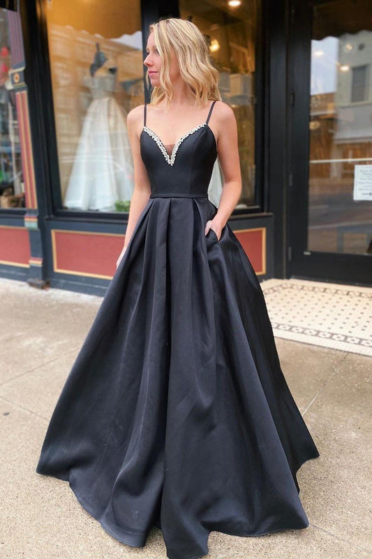 Elegant A-line Spaghetti Straps Black Prom Dresses Long Evening Dresses